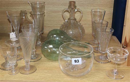 A Dutch clear glass decanter of bottle form with crown stopper and a collection of 18th/19th century glasses,